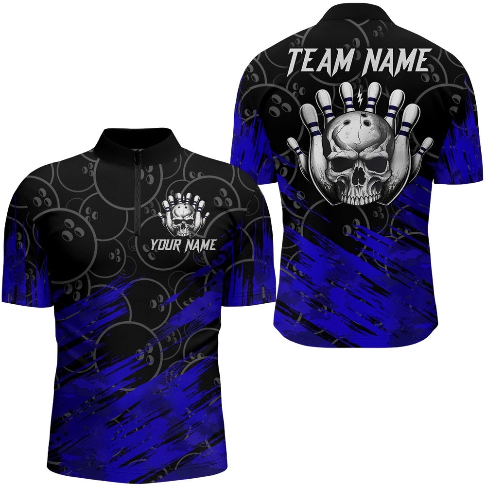 Blue Skull Bowling Shirt For Men & Women Funny Zip Bowling Team Jersey, Custom Bowling Team Jersey Shirt
