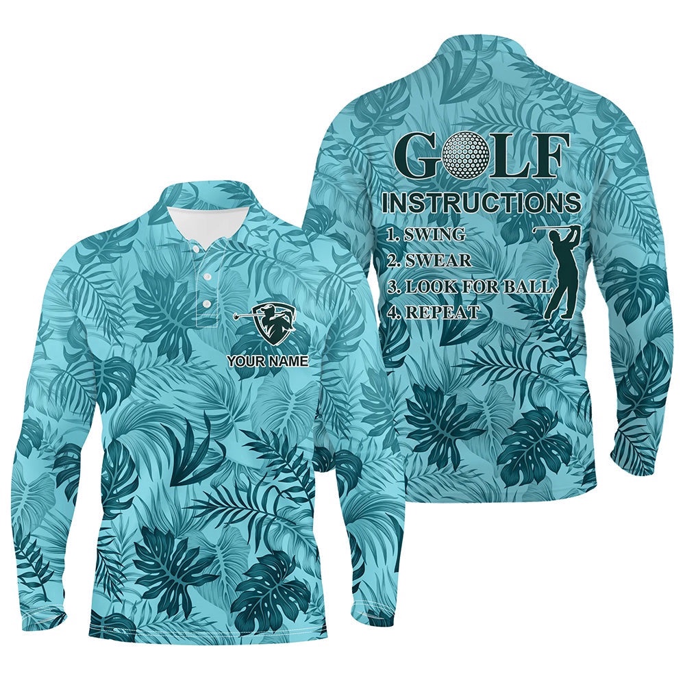 Blue Tropical Plants Men’s Golf Polos Shirts Custom Golf Instruction Swing Swear Look For Ball Repeat, Golf Polo Shirt, Golf Shirts