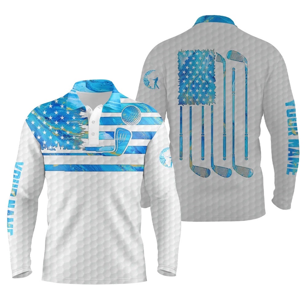 Blue Watercolor American Flag Patriotic Men Golf Polo Shirts Custom Name White Golf Polo Shirt Men’s, Golf Polo Shirt, Golf Shirts