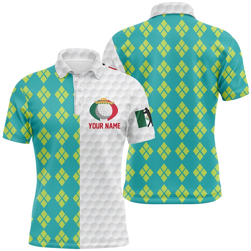 Blue Yellow Argyle Pattern Mexican Flag Men’s Golf Polo Shirts Patriotic Golf Shirts For Men, Golf Polo Shirt, Golf Shirts