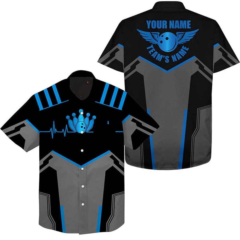 Bowling Hawaiian Shirt Blue Bowling Ball And Pins, Custom Team Bowling Hawaiian Shirt