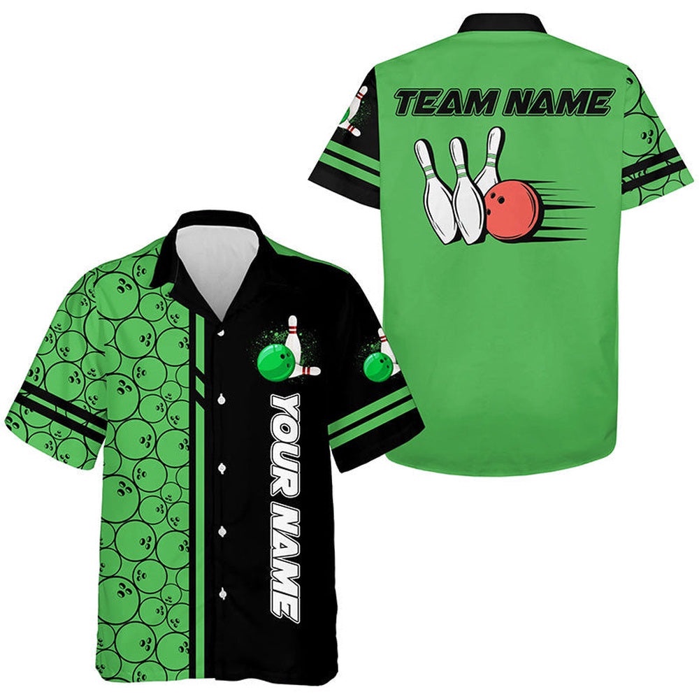 Bowling Hawaiian Shirts, Custom Black Green Camo Vintage Bowling Shirts, Custom Team Bowling Hawaiian Shirt