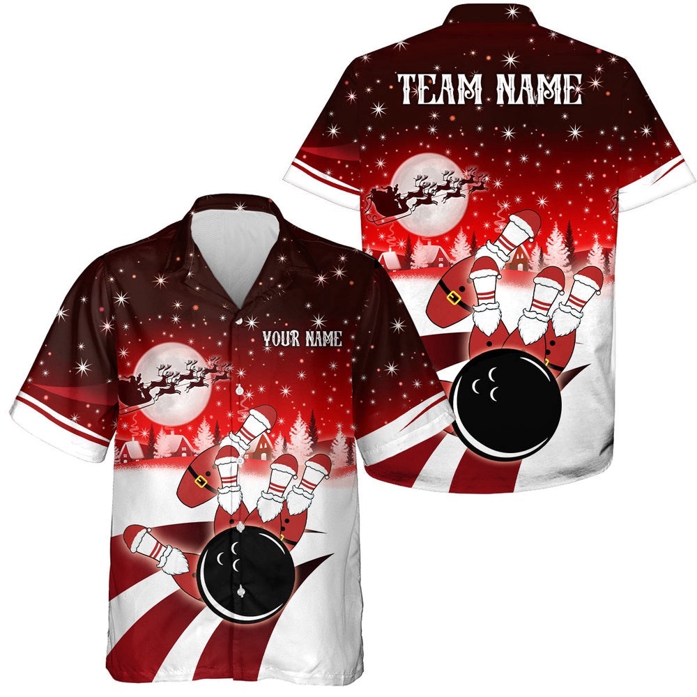 Bowling Hawaiian Shirts, Custom Christmas Santa Bowling Ball Pins Team Button Up Shirts Red, Custom Team Bowling Hawaiian Shirt