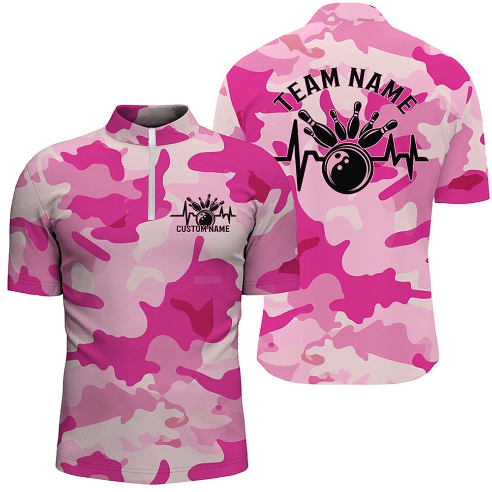 Bowling Heartbeat Pulse Line Blue Pink Camo Bowling Team Shirts For Men And Women, Custom Bowling Team Jersey Shirt