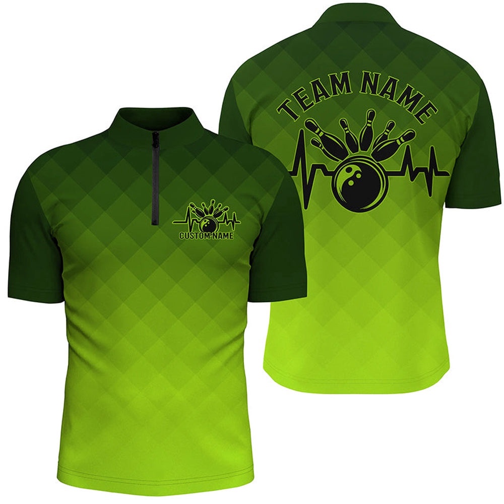 Bowling Heartbeat Pulse Line Green Argyle Bowling Team Shirts For Men And Women, Custom Bowling Team Jersey Shirt