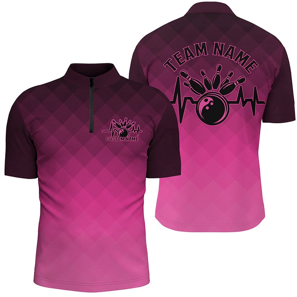 Bowling Heartbeat Pulse Line Pink Argyle Bowling Team Shirts For Men And Women, Custom Bowling Team Jersey Shirt