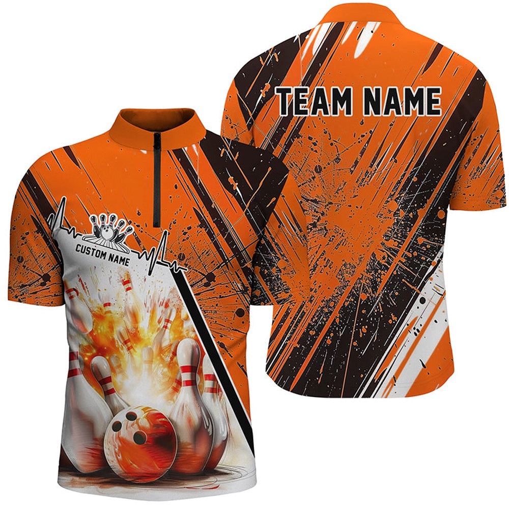 Bowling Heartbeat Pulse Line Strike Bowling On The Lane Orange Team Shirts Men And Women, Custom Bowling Team Jersey Shirt