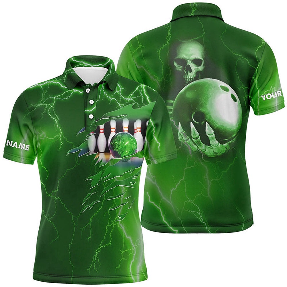 Bowling Polo Shirt For Men Green Lightning Thunder Custom Name Team Skull Bowling Polo Shirt, Personalized Bowling Team Shirt
