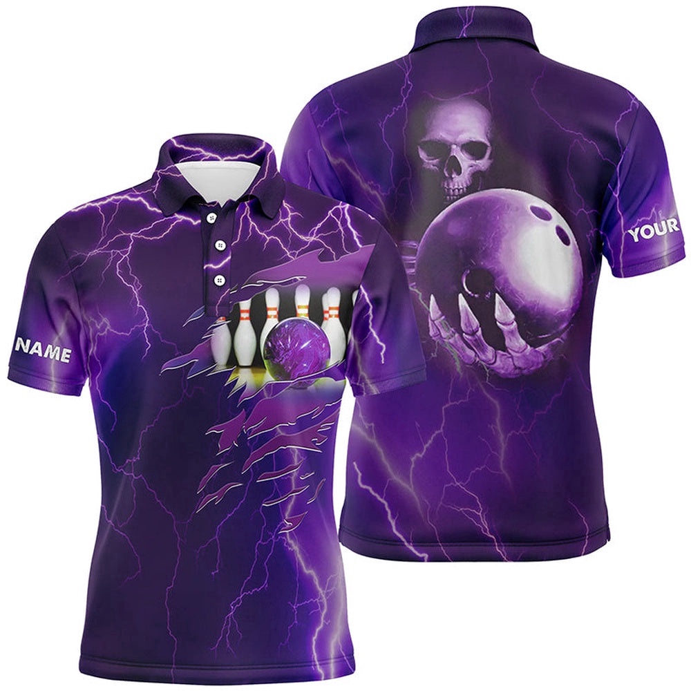 Bowling Polo Shirt For Men Purple Lightning Thunder Custom Team Skull Bowling Polo Shirt, Personalized Bowling Team Shirt