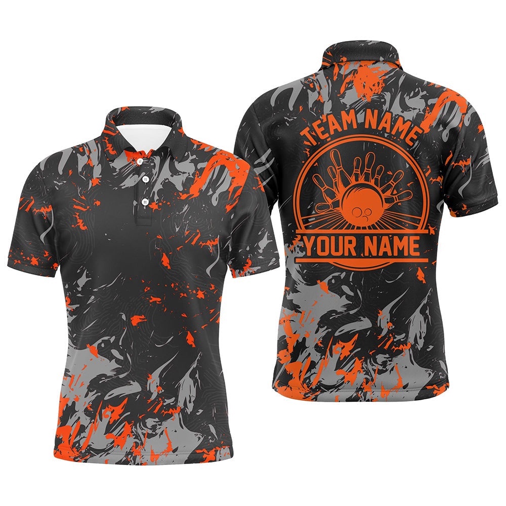 Bowling Polo Shirts For Men, Bowling Balls And Pins Bowling Team Shirts Orange, Personalized Bowling Team Shirt
