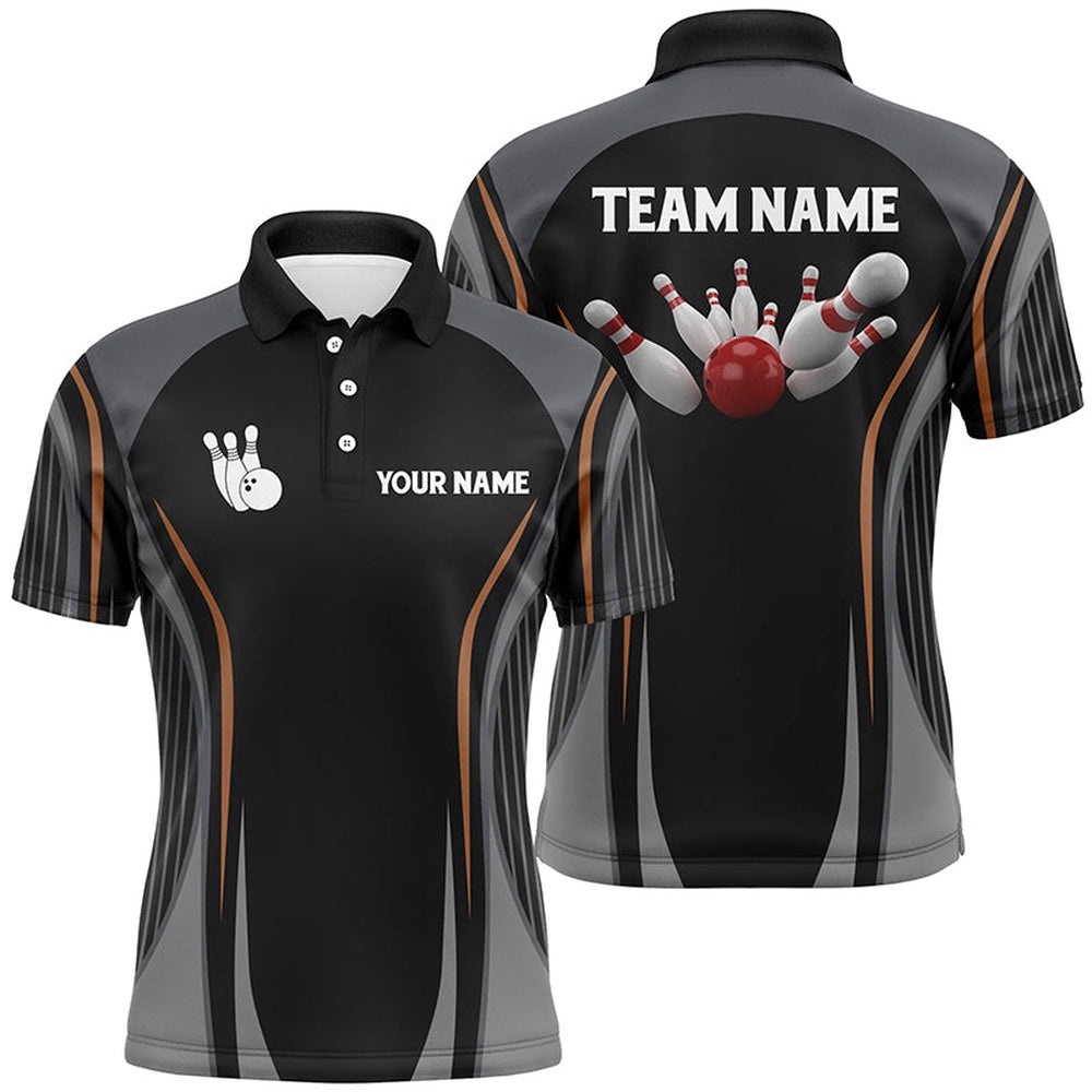 Bowling Polo Shirts For Men Custom Bowling Ball And Pins Black Vintage Bowling Team Polo Shirt, Personalized Bowling Team Shirt