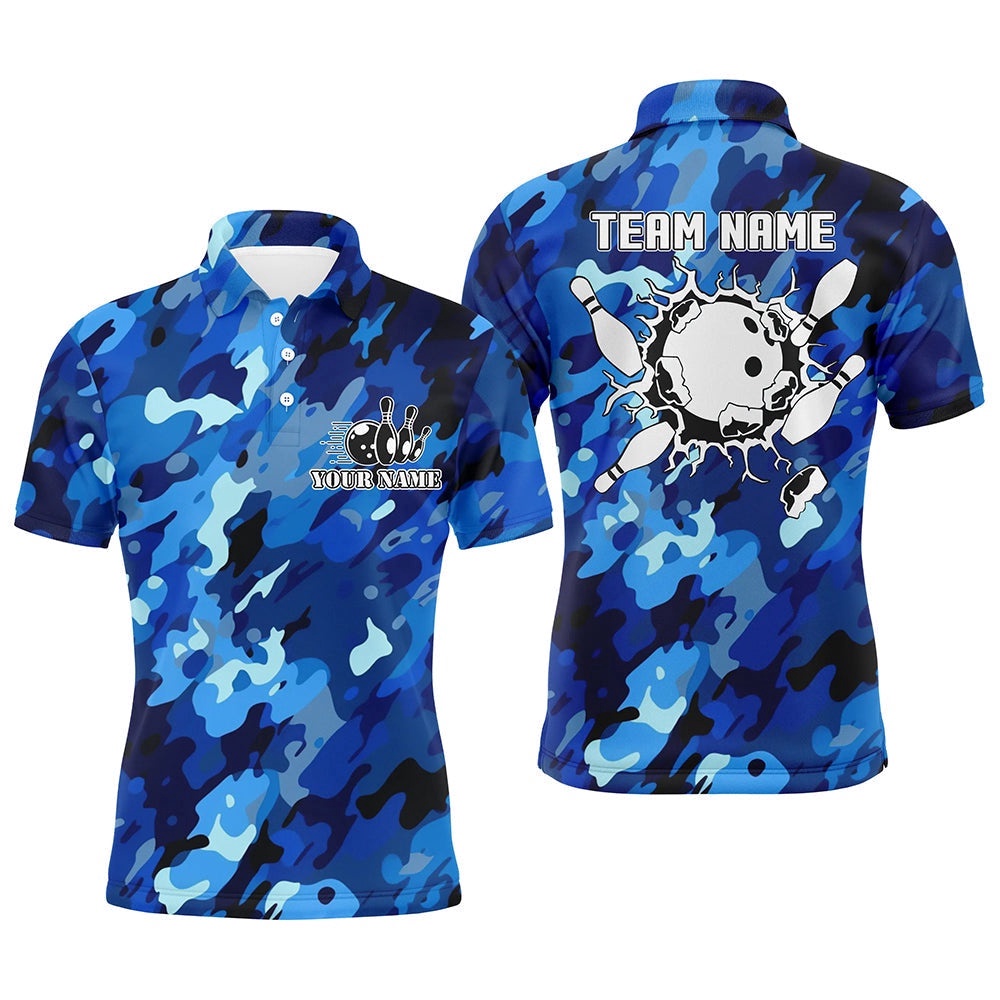 Bowling Polo Shirts For Men Custom Bowling Ball And Pins Blue Camo Bowling Team Polo Shirt, Personalized Bowling Team Shirt