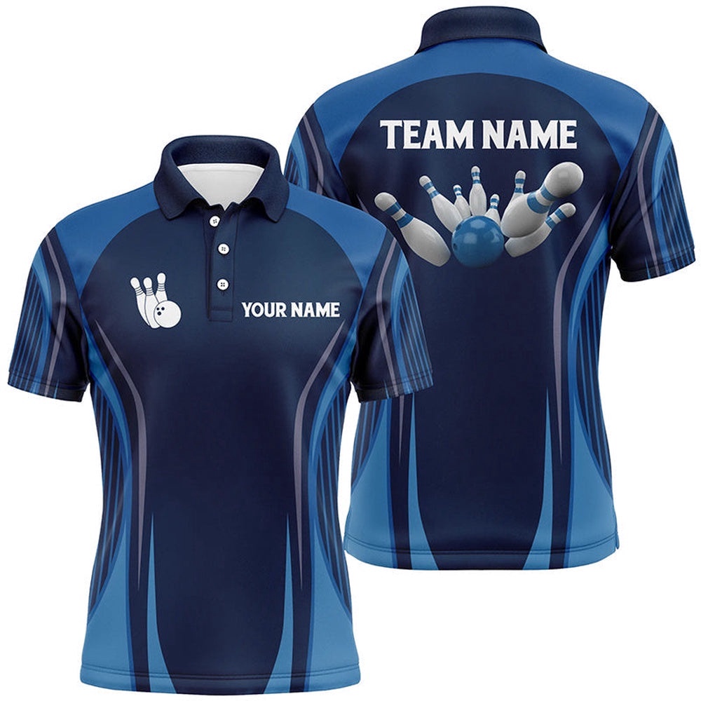 Bowling Polo Shirts For Men Custom Bowling Ball And Pins Blue Vintage Bowling Team Polo Shirt, Personalized Bowling Team Shirt
