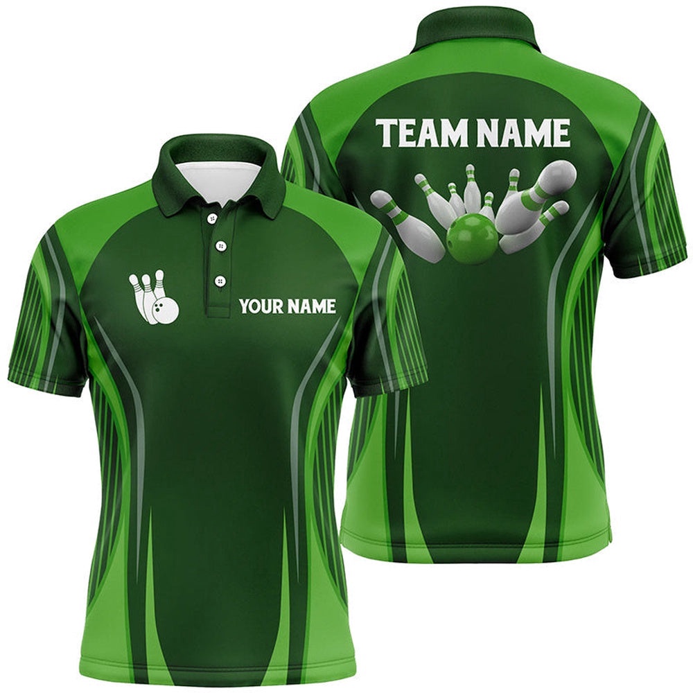 Bowling Polo Shirts For Men Custom Bowling Ball And Pins Green Vintage Bowling Team Polo Shirt, Personalized Bowling Team Shirt