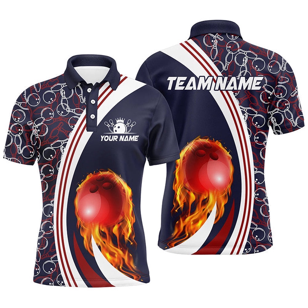 Bowling Polo Shirts For Men Custom Camo Flame Bowling Ball Fire Bowling Team League Polo Shirt Navy, Personalized Bowling Team Shirt