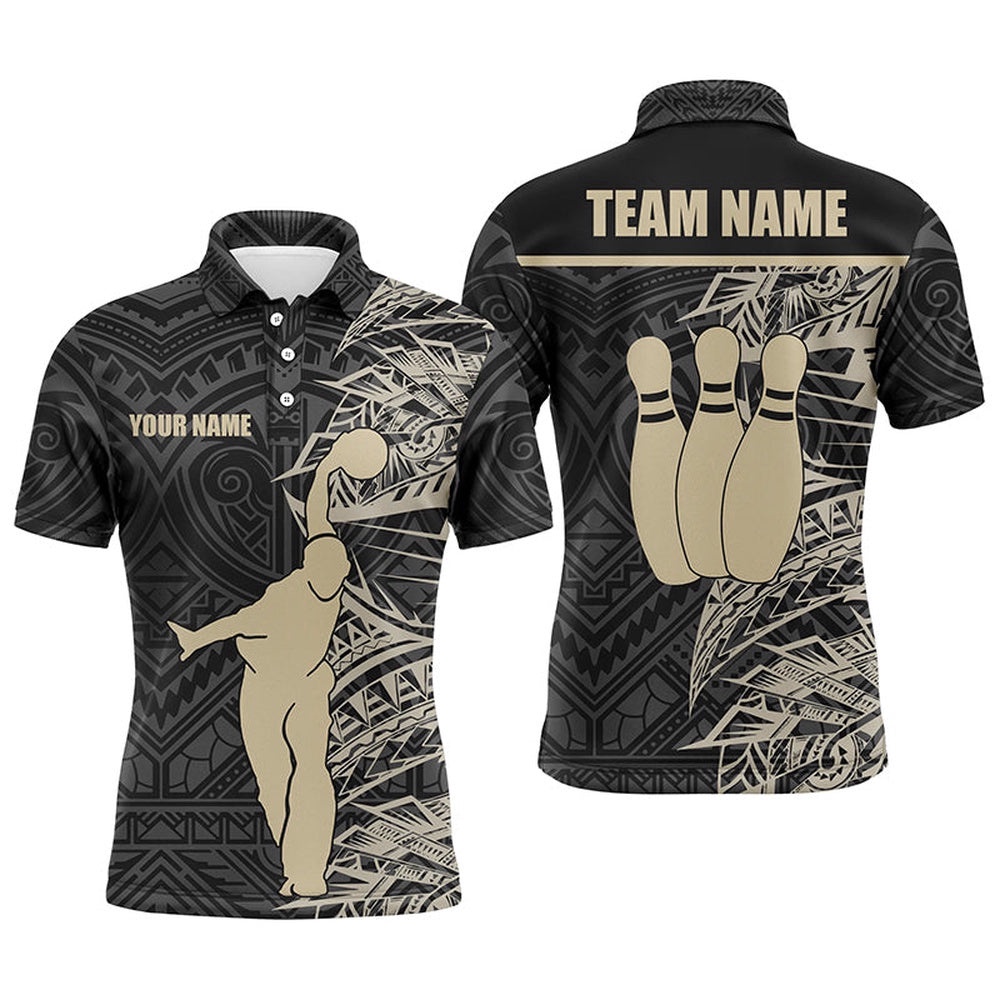 Bowling Polo Shirts For Men Golden Black Tribal Team Bowling Polo Shirt, Bowling Gift For Him, Personalized Bowling Team Shirt