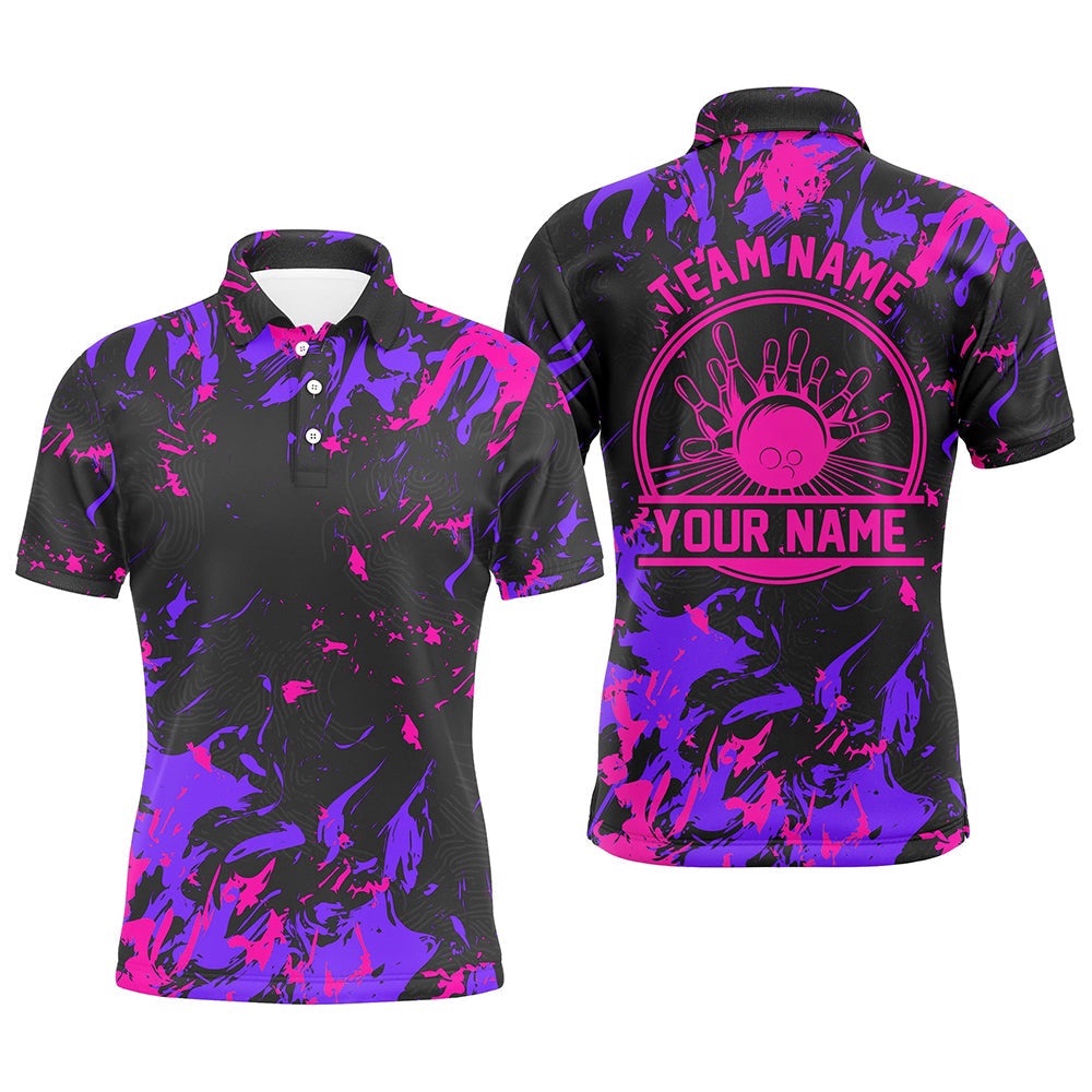 Bowling Polo Shirts Men Bowling Balls And Pins Bowling Team Shirts Pink And Purple, Personalized Bowling Team Shirt