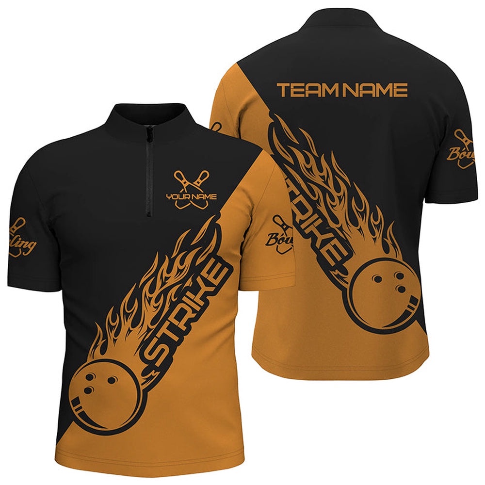 Bowling Shirts For Men And Women, Bowling Team Shirts Bowling Strike Black And Orange, Custom Bowling Team Jersey Shirt