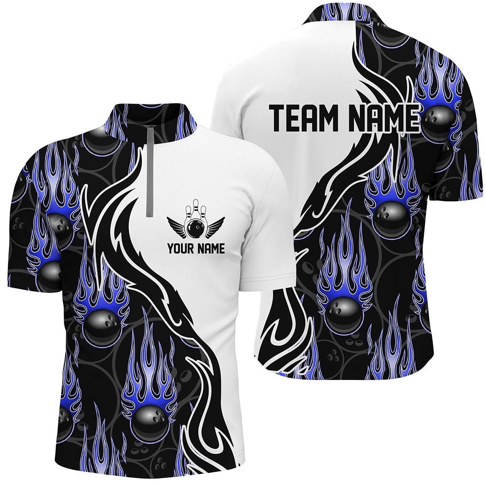 Bowling Shirts For Men And Women, Flame Bowling Team Jersey Blue, Custom Bowling Team Jersey Shirt