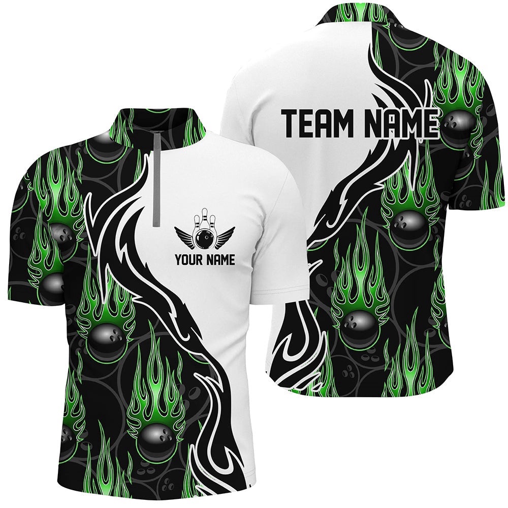 Bowling Shirts For Men And Women, Flame Bowling Team Jersey Green, Custom Bowling Team Jersey Shirt
