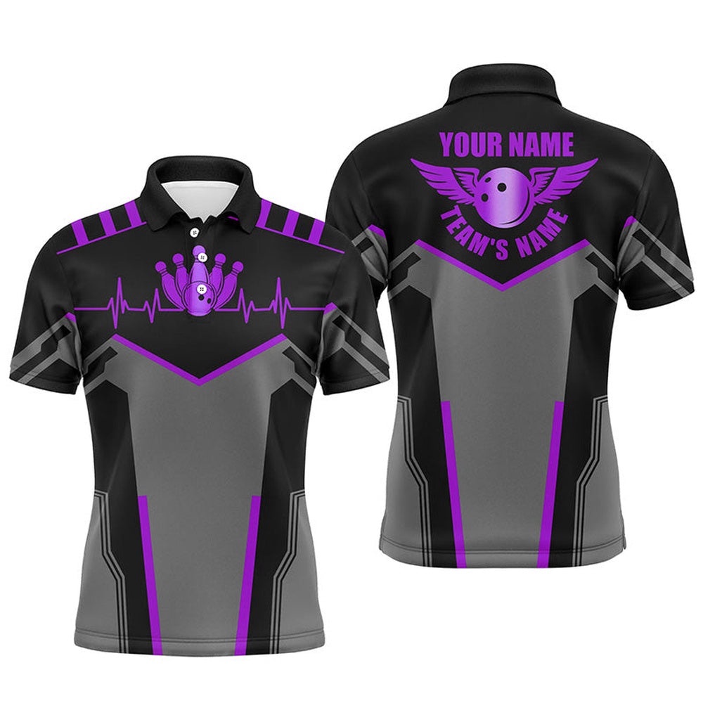 Bowling Shirts For Men Custom Name And Team Name Bowling Ball And Pins, Team Bowling Shirts Purple, Personalized Bowling Team Shirt