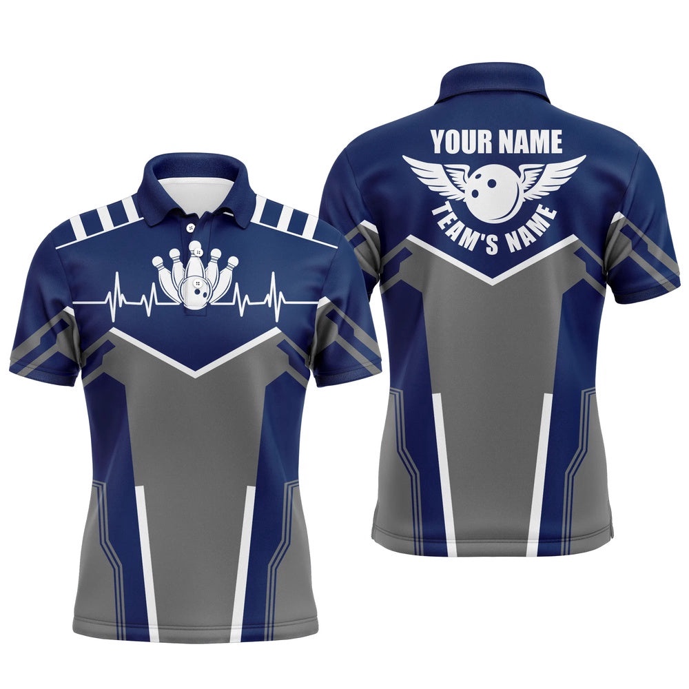 Bowling Shirts For Men Custom Name, Team Name Bowling Ball & Pins Mens Polo Shirts Navy Blue, Personalized Bowling Team Shirt