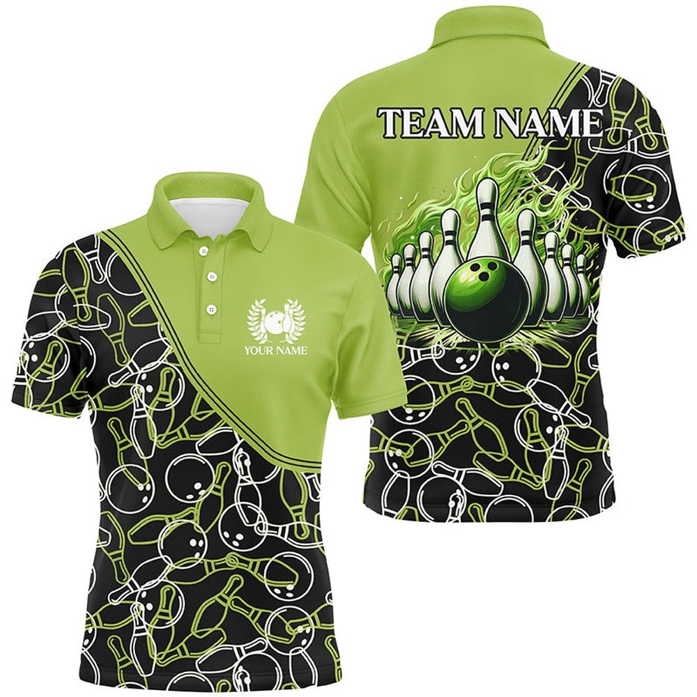 Bowling Shirts For Men Custom Name, Team Name Green Camo Bowling Ball And Pins, Team Bowling Polo Shirt, Personalized Bowling Team Shirt