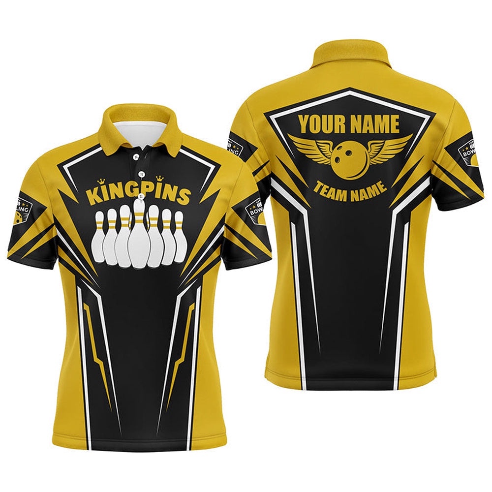 Bowling Shirts For Men Custom Name & Team Name King Pins Bowling Polo Shirt, Bowling Team Shirts Yellow, Personalized Bowling Team Shirt