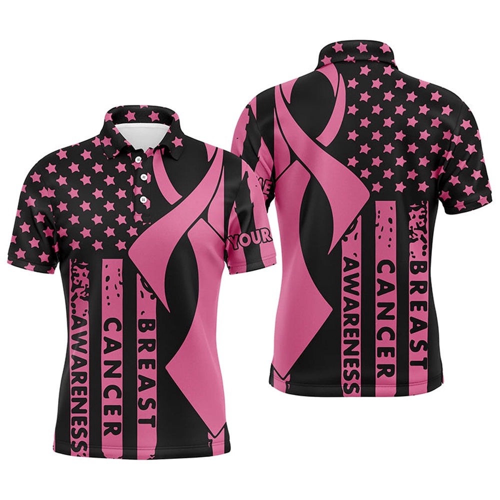 Breast Cancer Awareness American Flag Pink Ribbon Men’s Golf Polo Shirts Custom Patriotic Golf Tops For Men, Golf Polo Shirt, Golf Shirts