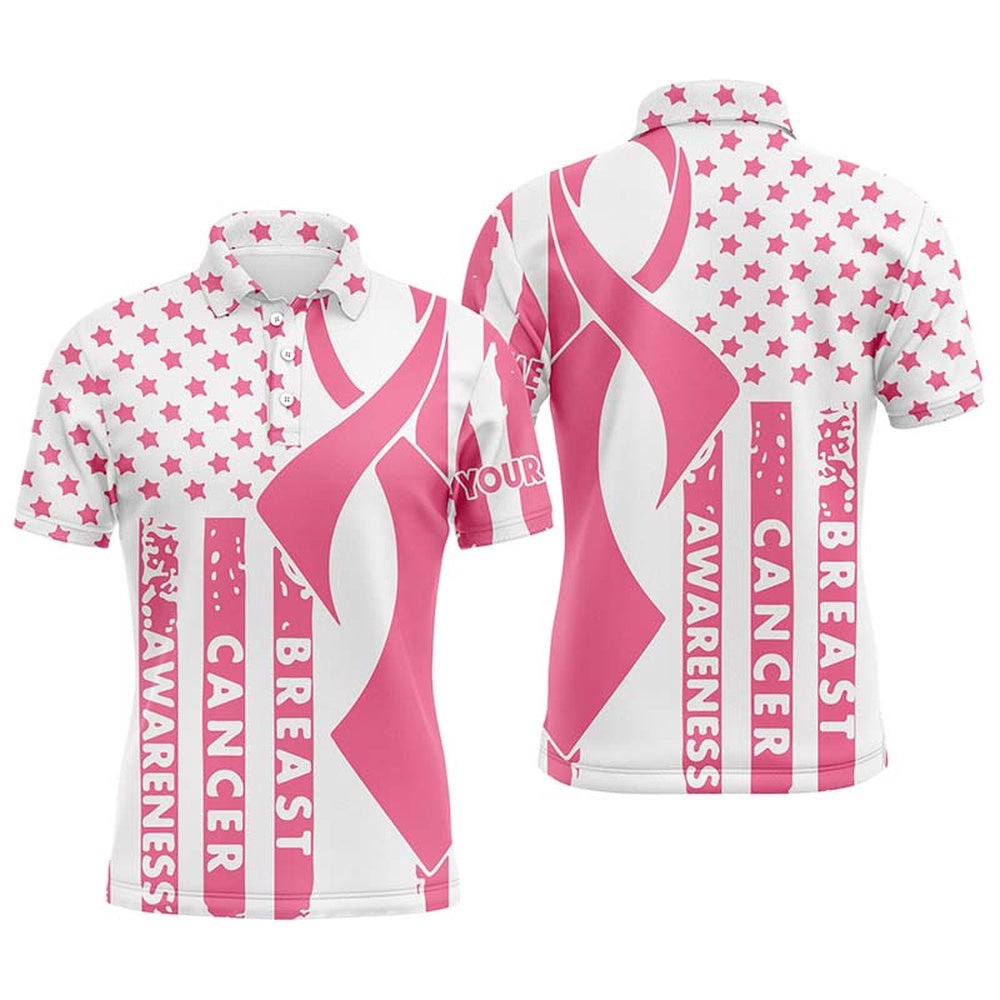 Breast Cancer Awareness White Pink American Flag Ribbon Men’s Golf Polo Shirt Patriotic Golf Tops, Golf Polo Shirt, Golf Shirts