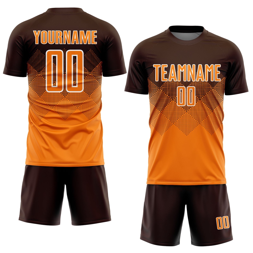 Brown Bay Orange White Sublimation Soccer Uniform Jersey, Custom Team Soccer Jersey Shirt