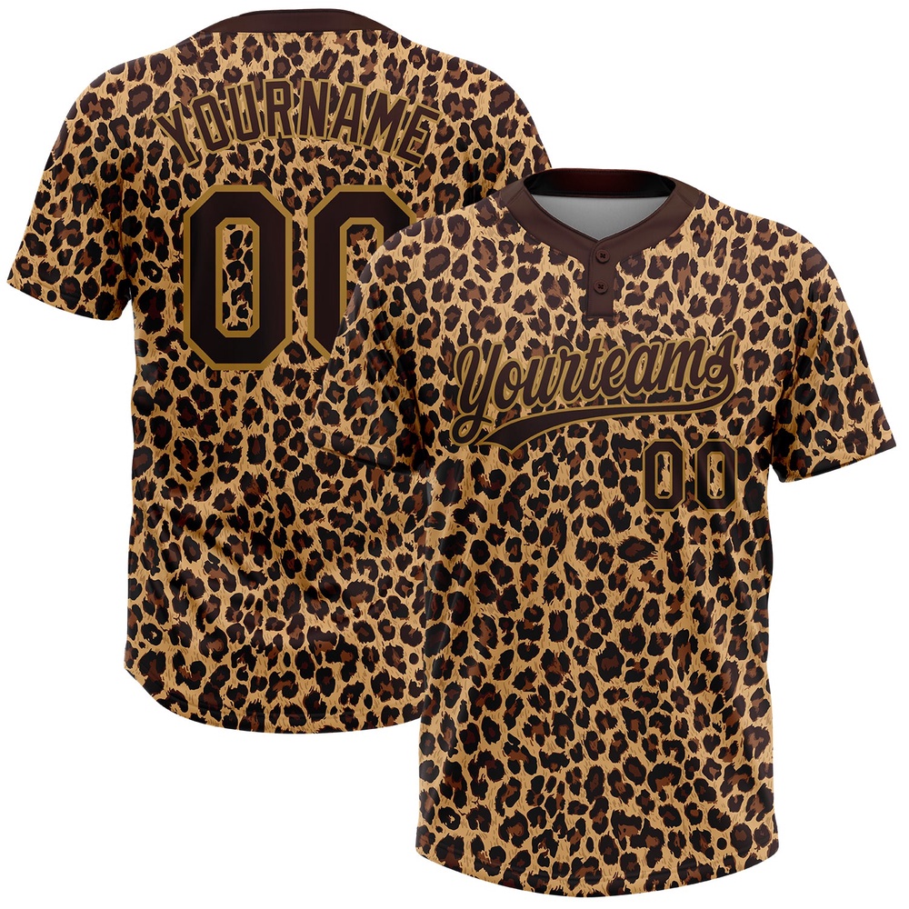 Brown Brown Old Gold 3D Pattern Leopard Two Button Unisex Softball Jersey, Custom Team Softball Jersey