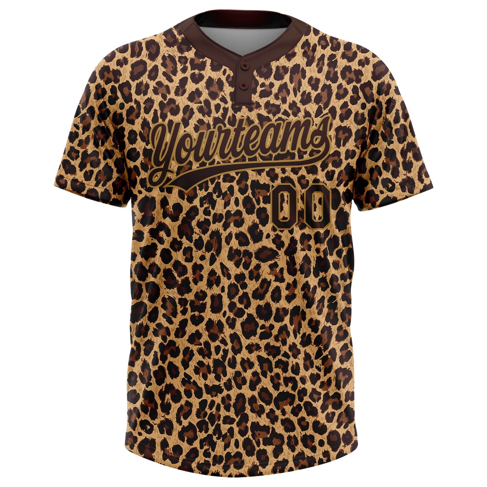 Brown Brown Old Gold 3D Pattern Leopard Two Button Unisex Softball Jersey, Custom Team Softball Jersey