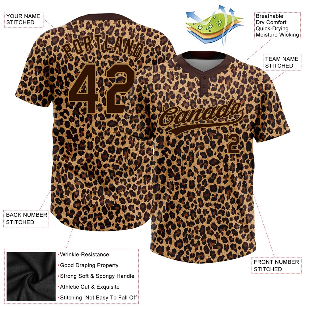Brown Brown Old Gold 3D Pattern Leopard Two Button Unisex Softball Jersey, Custom Team Softball Jersey