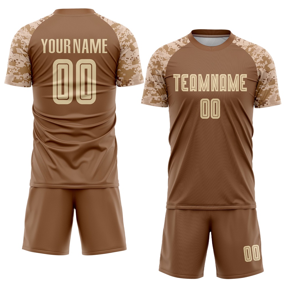 Brown Cream Camo Sublimation Soccer Uniform Jersey, Custom Team Soccer Jersey Shirt