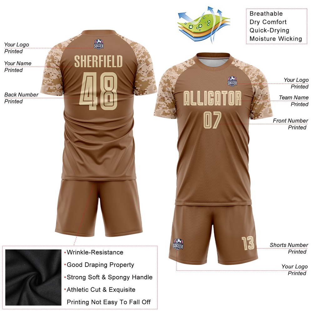 Brown Cream Camo Sublimation Soccer Uniform Jersey, Custom Team Soccer Jersey Shirt