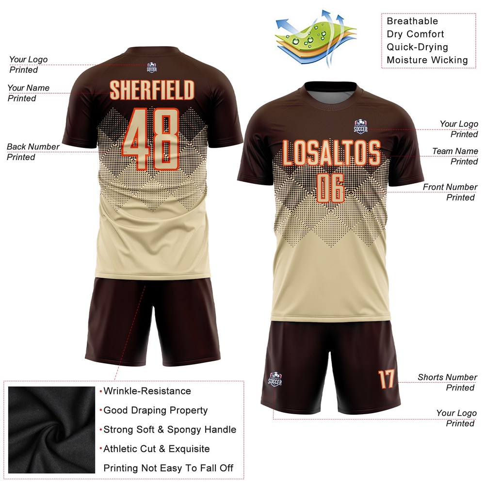 Brown Cream Orange Sublimation Soccer Uniform Jersey, Custom Team Soccer Jersey Shirt