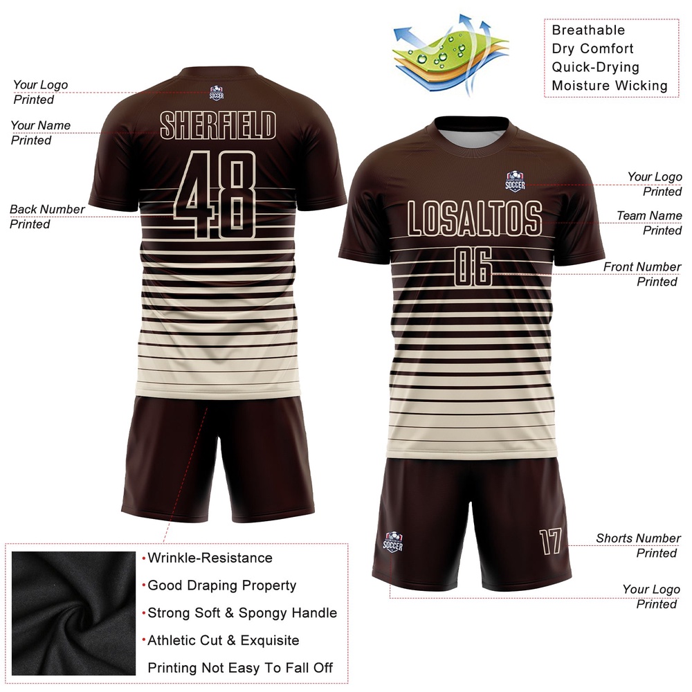 Brown Cream Pinstripe Fade Fashion Sublimation Soccer Uniform Jersey, Custom Team Soccer Jersey Shirt Brown Cream Pinstripe Fade Fashion Sublimation Soccer Uniform Jersey, Custom Team Soccer Jersey Shirt