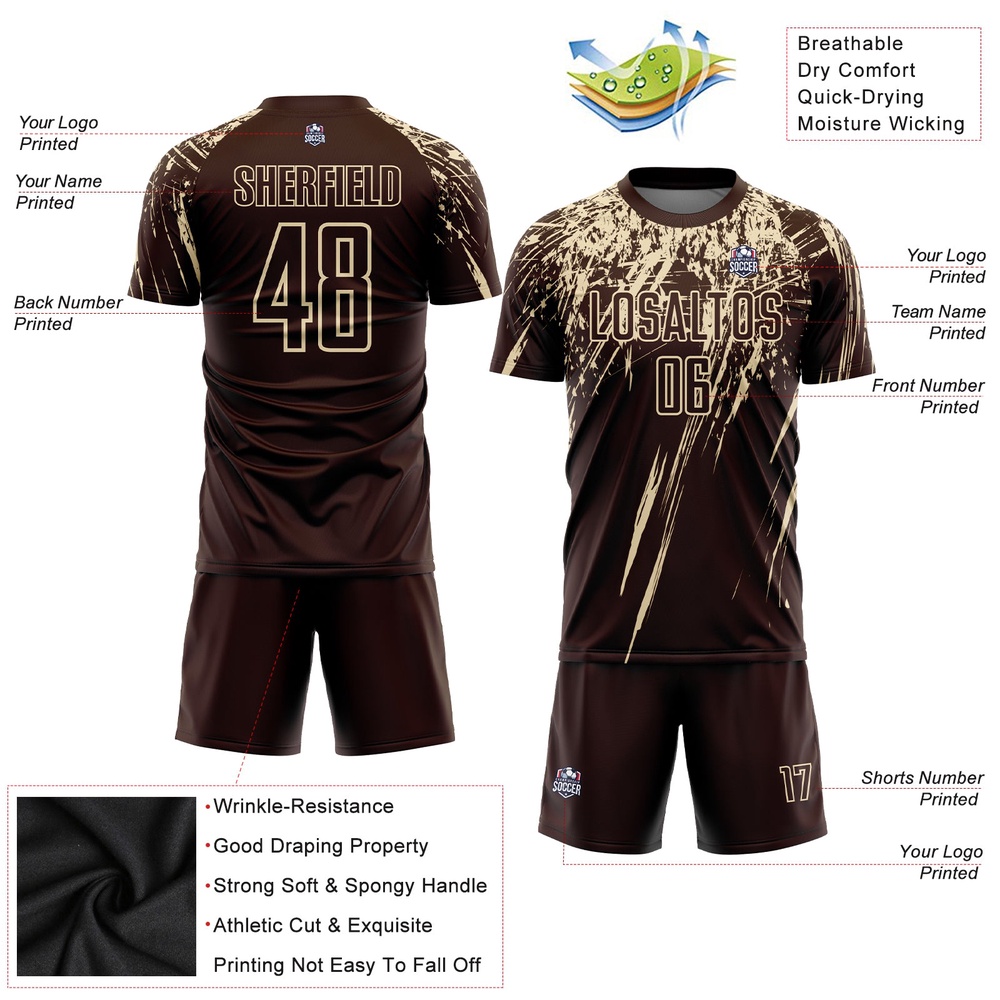 Brown Cream Sublimation Soccer Uniform Jersey, Custom Team Soccer Jersey Shirt Brown Cream Sublimation Soccer Uniform Jersey, Custom Team Soccer Jersey Shirt
