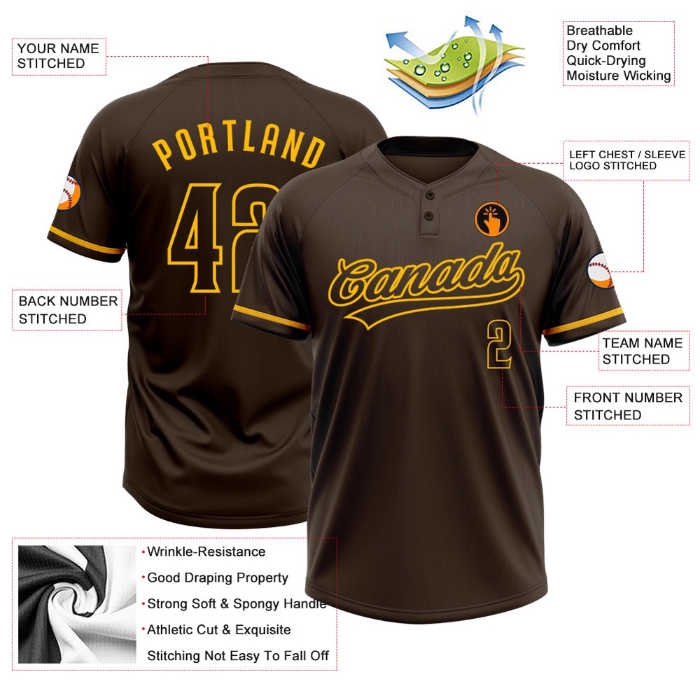 Brown Gold Two Button Unisex Softball Jersey, Custom Team Softball Jersey