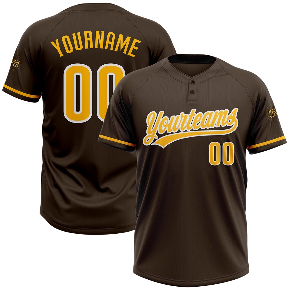 Brown Gold White Two Button Unisex Softball Jersey, Custom Team Softball Jersey