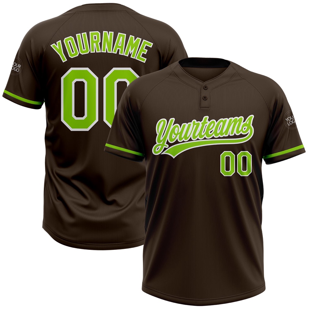 Brown Neon Green White Two Button Unisex Softball Jersey, Custom Team Softball Jersey