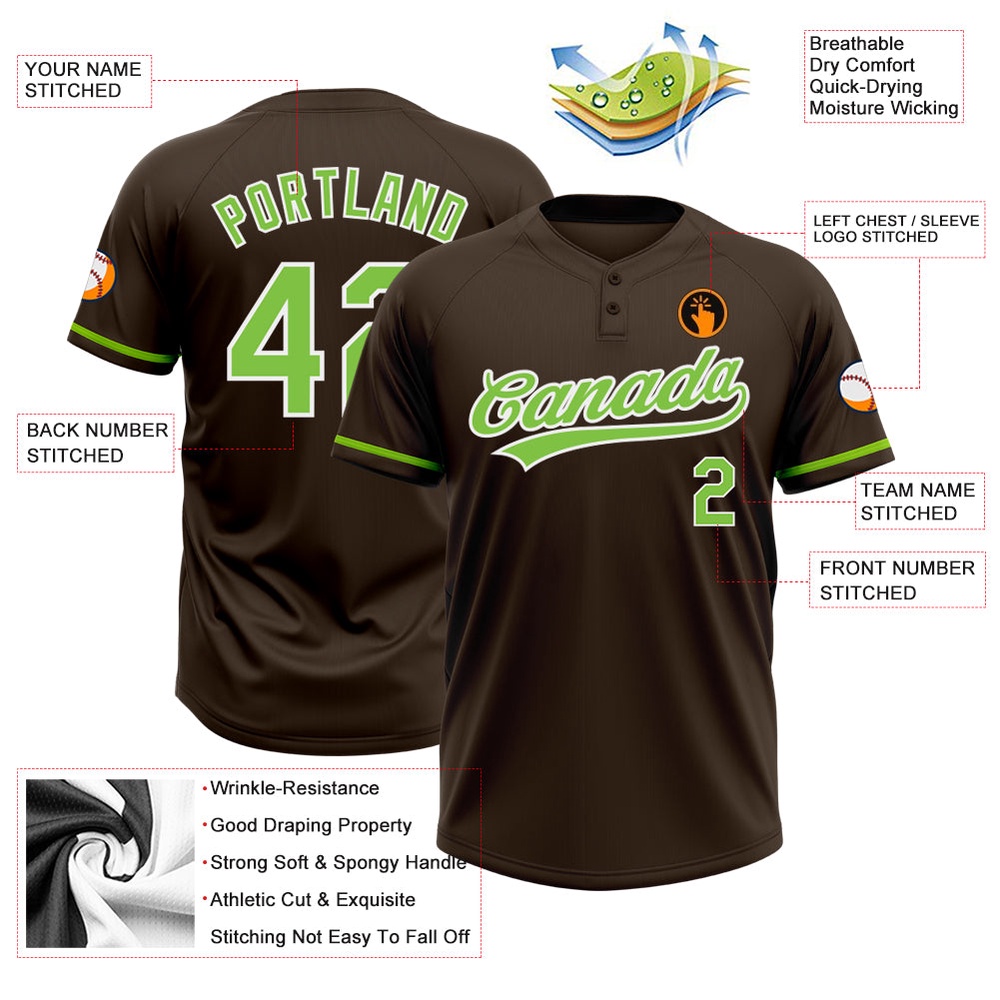 Brown Neon Green White Two Button Unisex Softball Jersey, Custom Team Softball Jersey