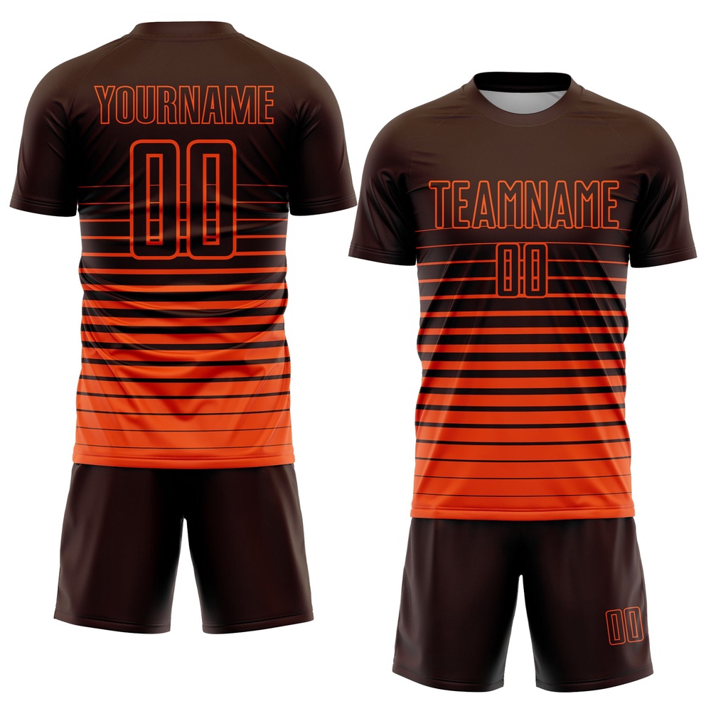 Brown Orange Pinstripe Fade Fashion Sublimation Soccer Uniform Jersey, Custom Team Soccer Jersey Shirt Brown Orange Pinstripe Fade Fashion Sublimation Soccer Uniform Jersey, Custom Team Soccer Jersey Shirt