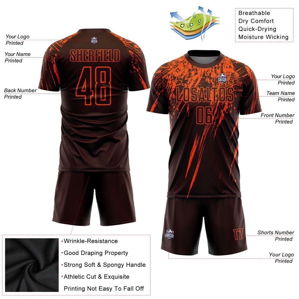 Brown Orange Sublimation Soccer Uniform Jersey, Custom Team Soccer Jersey Shirt Brown Orange Sublimation Soccer Uniform Jersey, Custom Team Soccer Jersey Shirt
