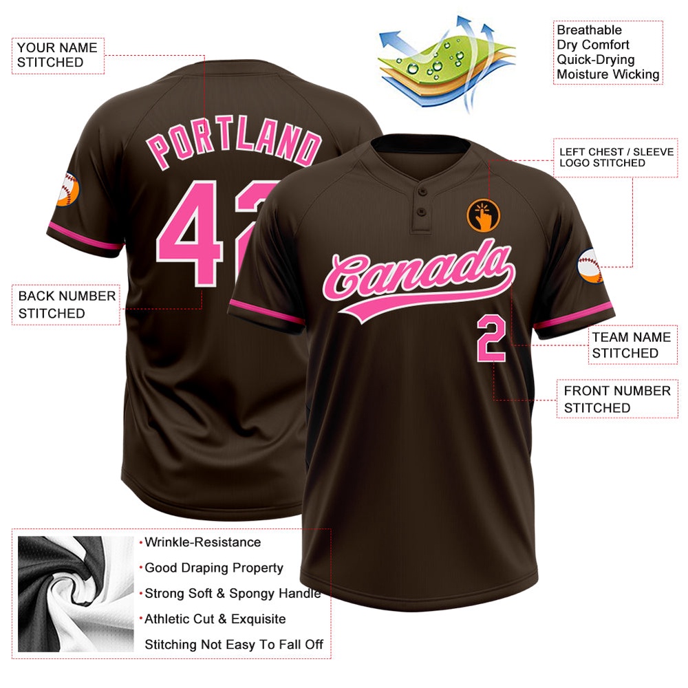 Brown Pink White Two Button Unisex Softball Jersey, Custom Team Softball Jersey