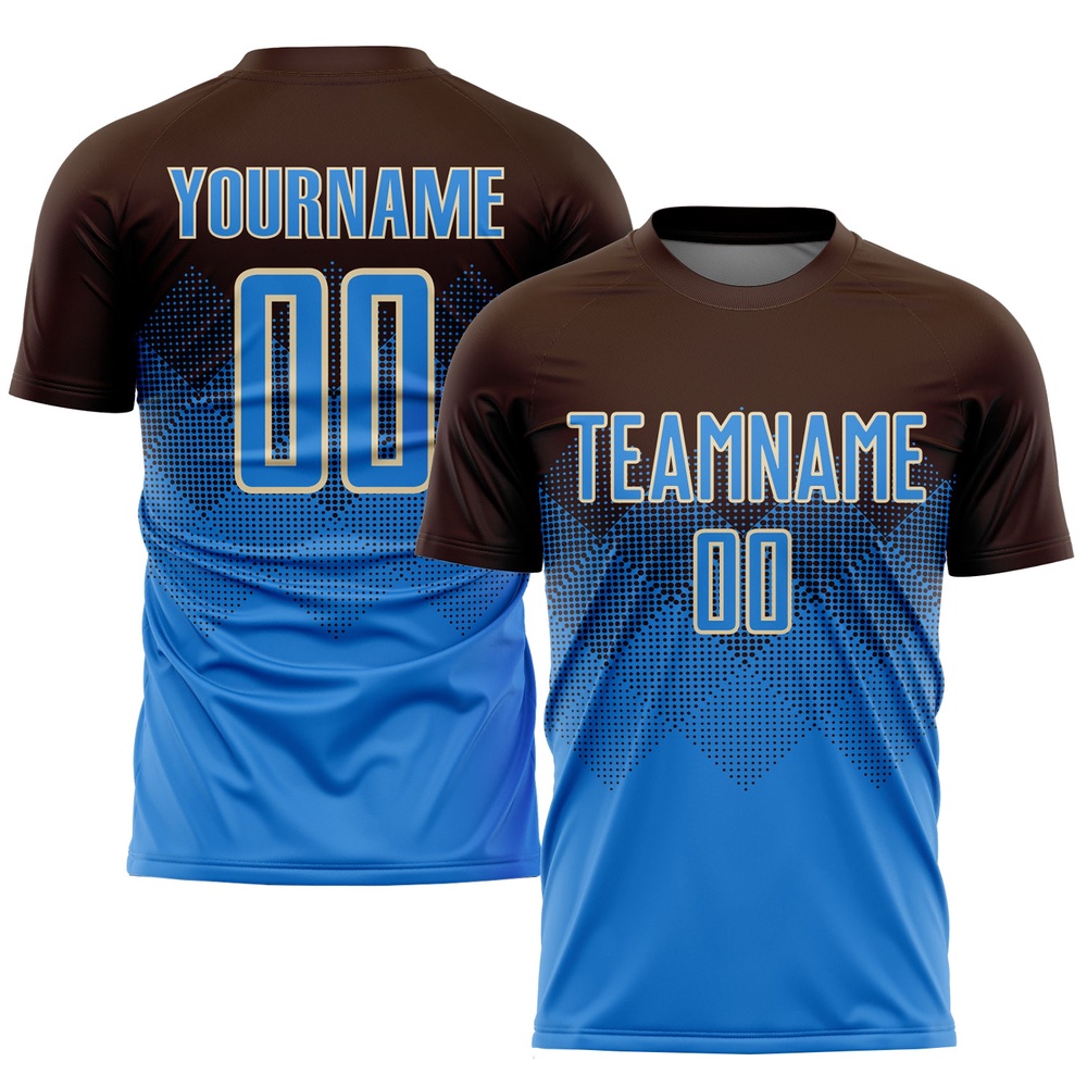 Brown Powder Blue Cream Sublimation Soccer Uniform Jersey, Custom Team Soccer Jersey Shirt