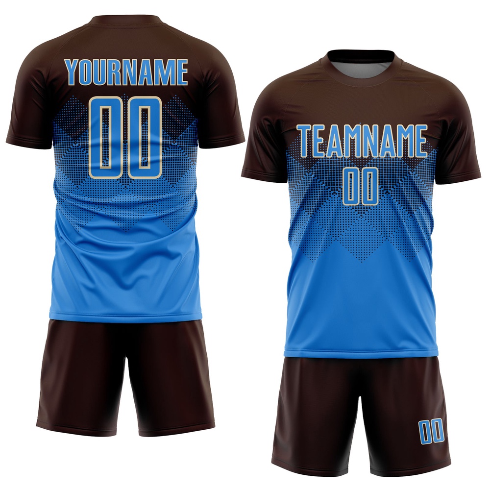 Brown Powder Blue Cream Sublimation Soccer Uniform Jersey, Custom Team Soccer Jersey Shirt