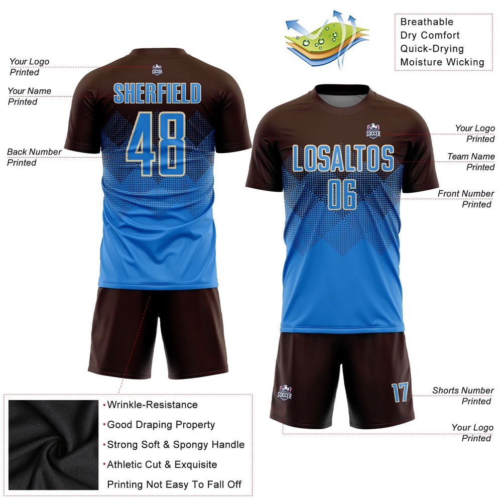 Brown Powder Blue Cream Sublimation Soccer Uniform Jersey, Custom Team Soccer Jersey Shirt