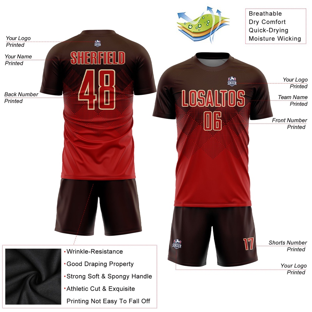 Brown Red Cream Sublimation Soccer Uniform Jersey, Custom Team Soccer Jersey Shirt Brown Red Cream Sublimation Soccer Uniform Jersey, Custom Team Soccer Jersey Shirt